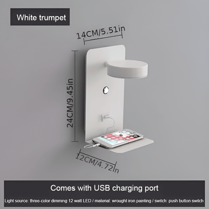 Aluminium Bedside Lamp with Shelf & USB Charging Port