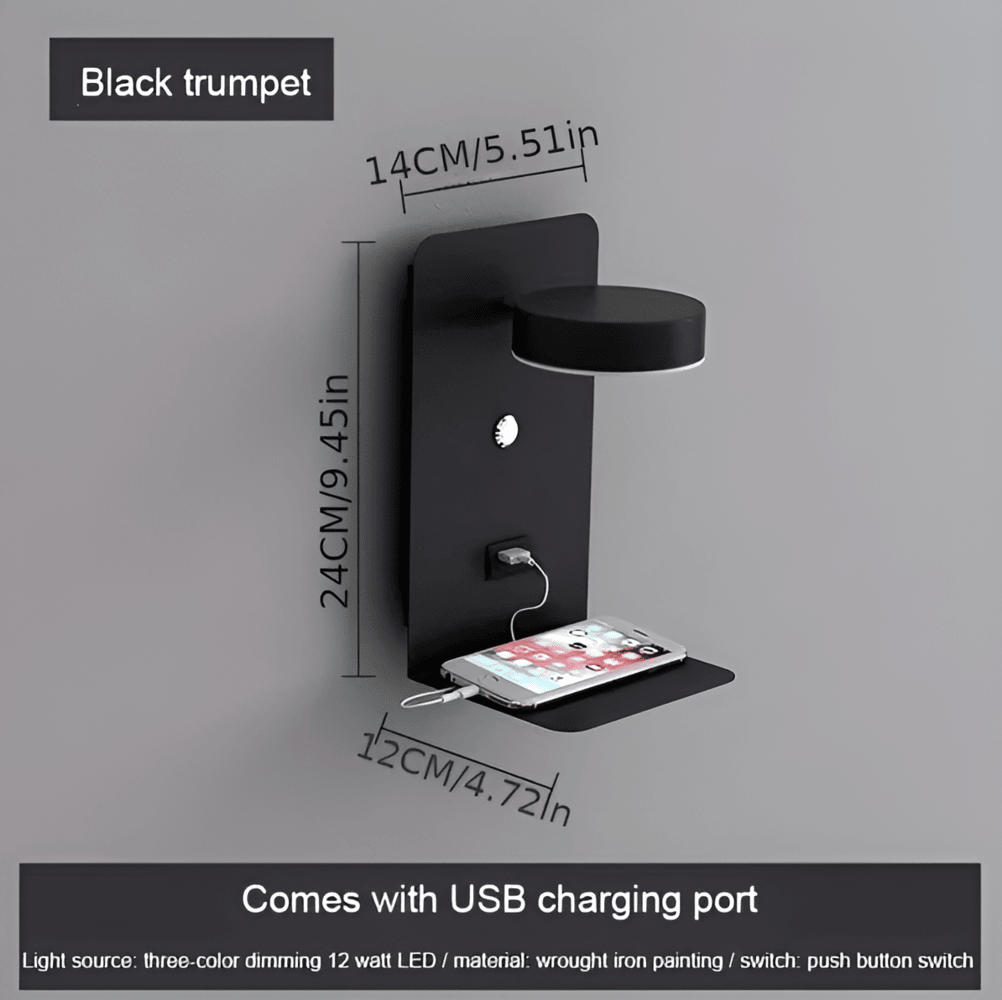 Aluminium Bedside Lamp with Shelf & USB Charging Port
