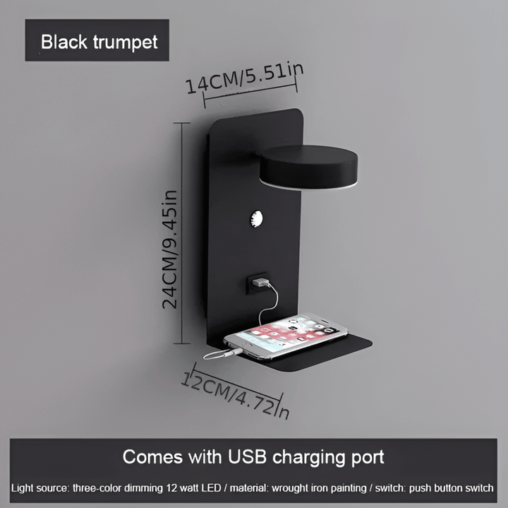 Aluminium Bedside Lamp with Shelf & USB Charging Port