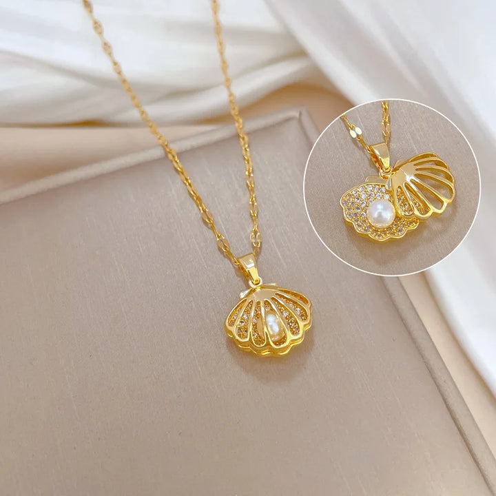 Ocean-Inspired Shell & Pearl Pendant Necklace