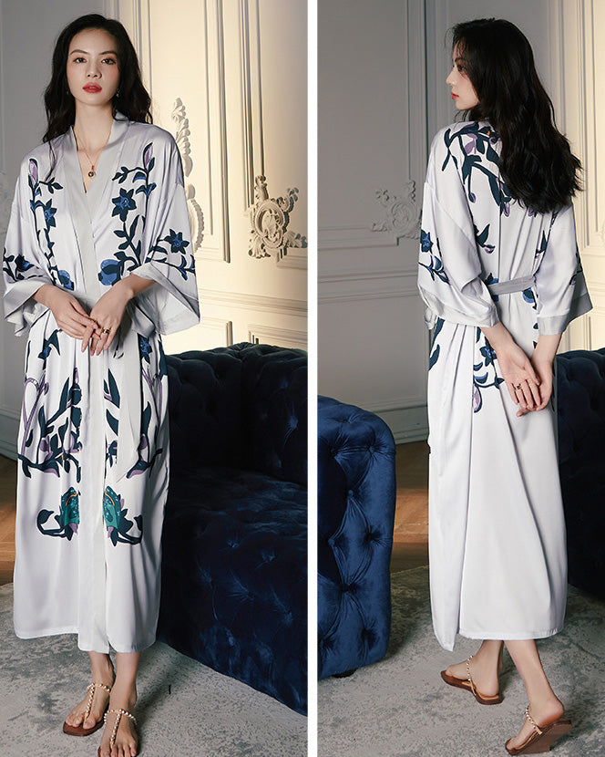 Floral Satin Robe | White Kimono With Navy Botanical Print
