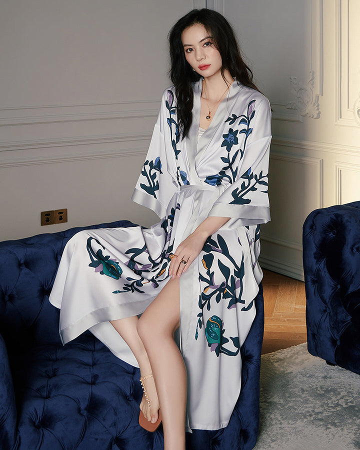 Floral Satin Robe | White Kimono With Navy Botanical Print