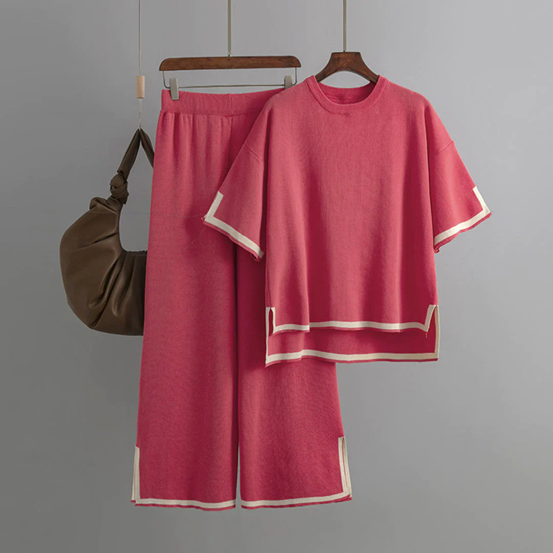 Paelis | Women’s 2‑Piece Outfit with V‑Neck Top & Wide-Leg Pants