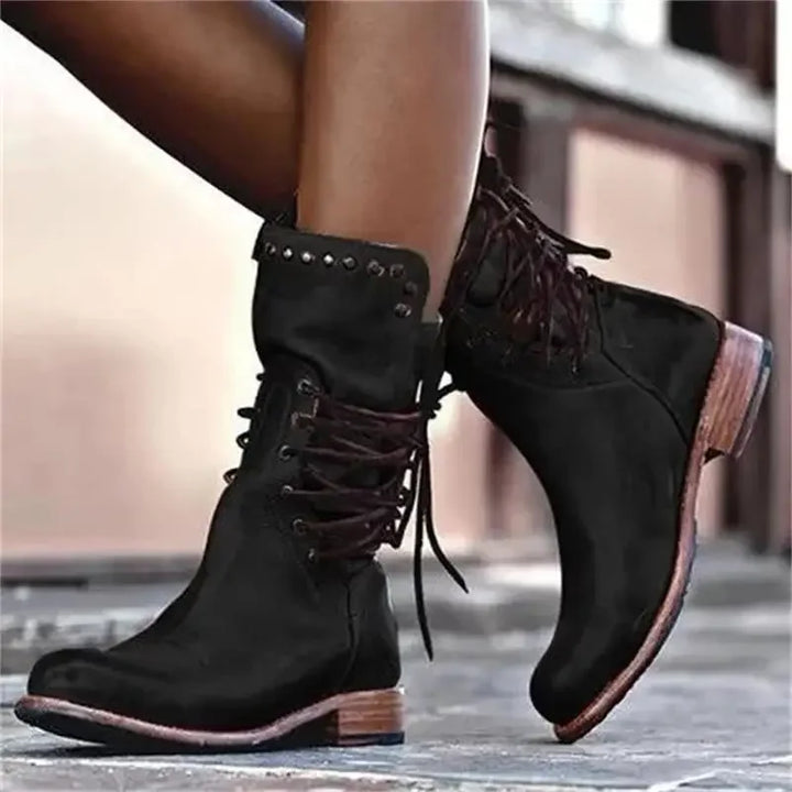 Women’s Leather Cowboy Ankle Boots with Lacing & Decorative Studs