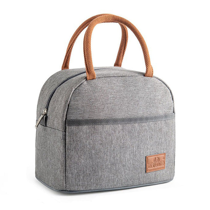 Grey Canvas Insulated Lunch Bag with Brown Handles