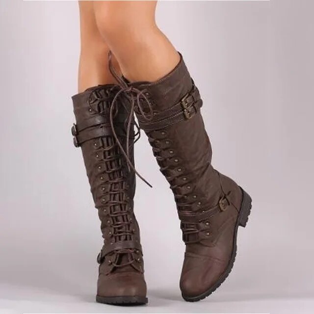 Women’s Retro Leather Lace-Up Boots with Buckle