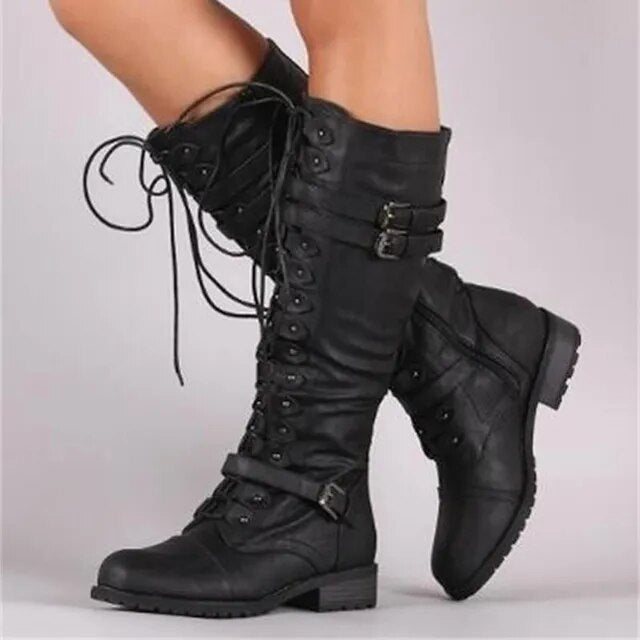 Women’s Retro Leather Lace-Up Boots with Buckle