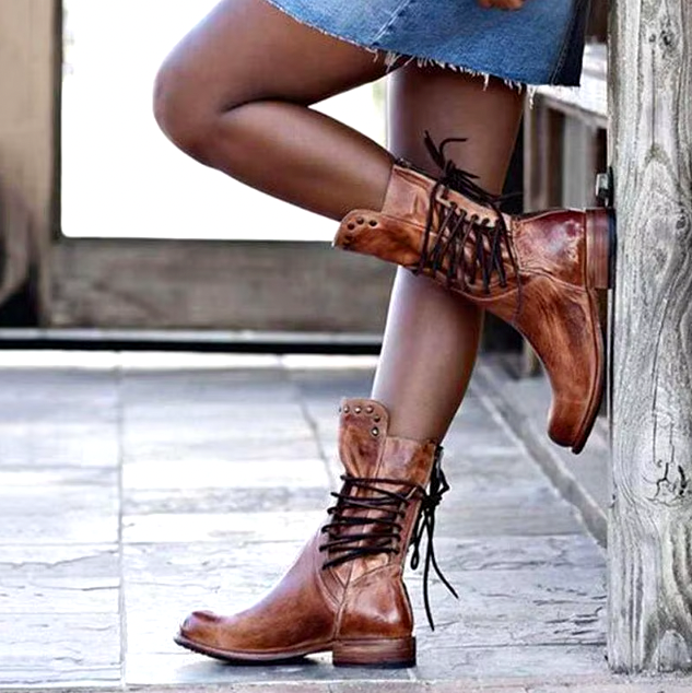 Women’s Leather Cowboy Ankle Boots with Lacing & Decorative Studs