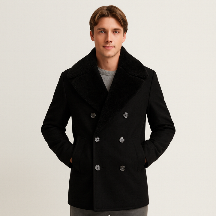 Men’s Wool Blend Overcoat with Contrasting Collar