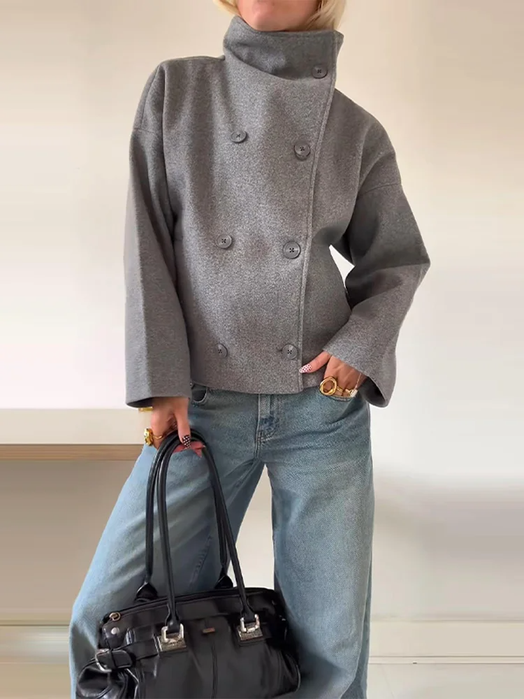 Women’s Warm Long Coat | High Collar & Double-Breasted Buttons