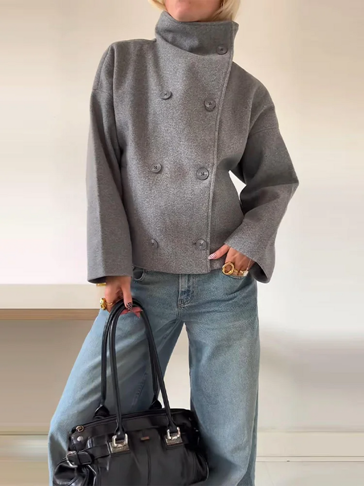 Women’s Warm Long Coat | High Collar & Double-Breasted Buttons