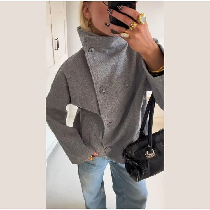 Women’s Warm Long Coat | High Collar & Double-Breasted Buttons