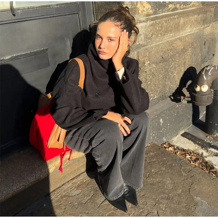 Women’s Warm Long Coat | High Collar & Double-Breasted Buttons