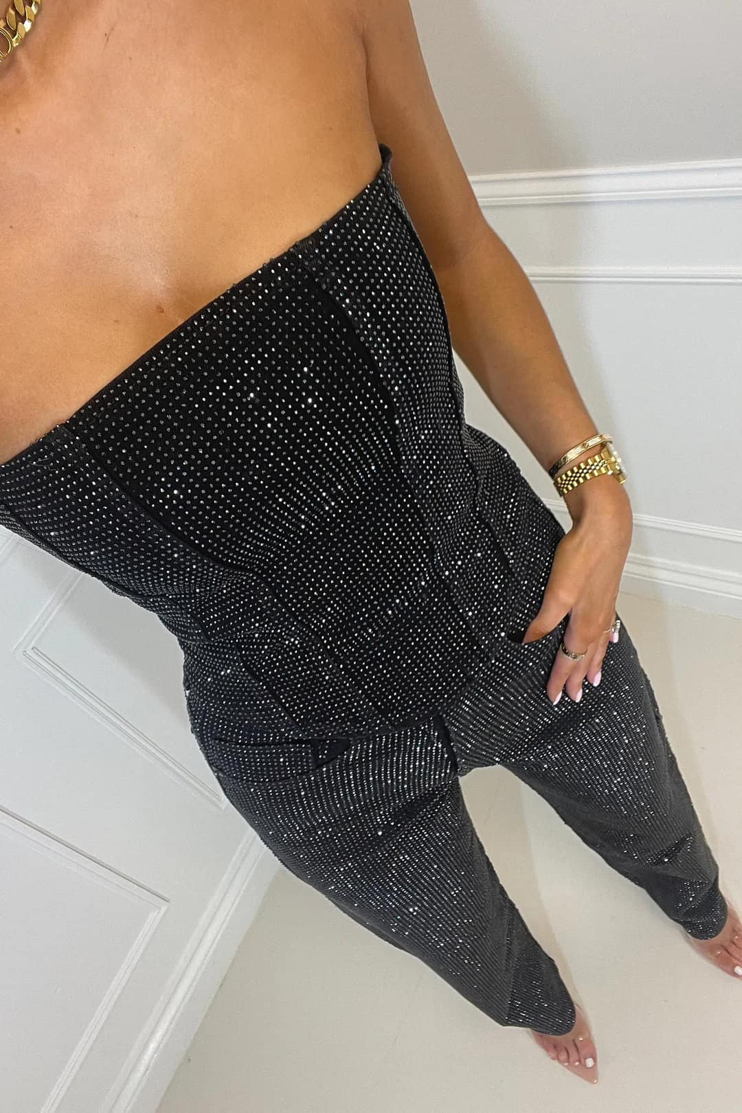 Sparkle Two-Piece Set | Glitter Top & High Waist Jeans for Women