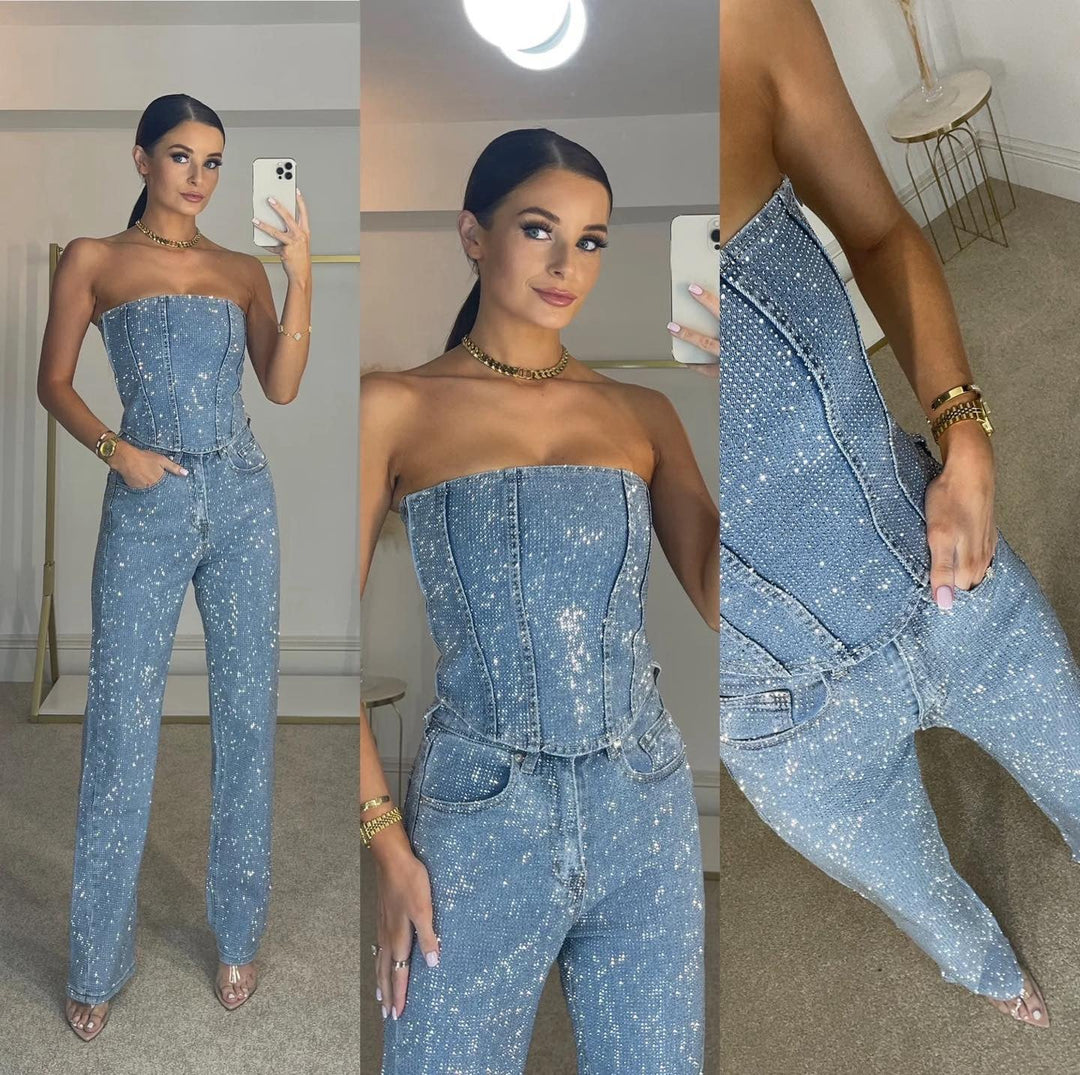 Sparkle Two-Piece Set | Glitter Top & High Waist Jeans for Women