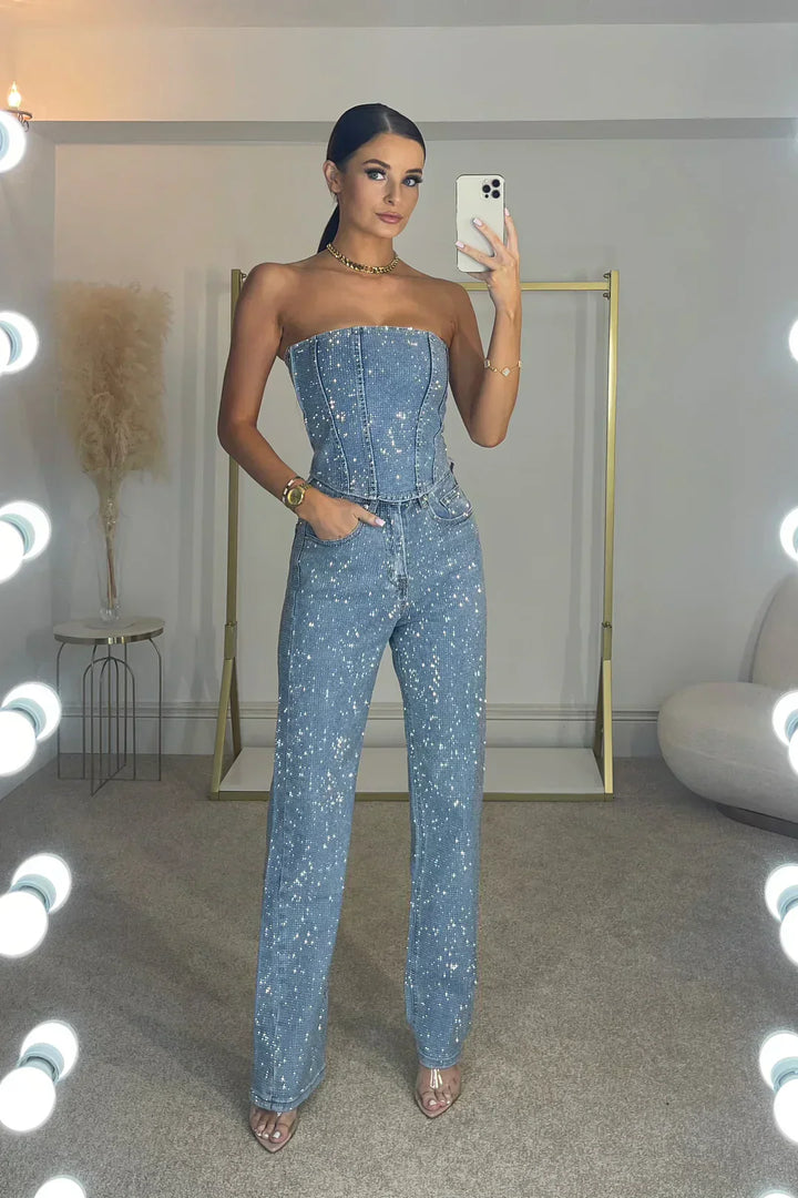Sparkle Two-Piece Set | Glitter Top & High Waist Jeans for Women