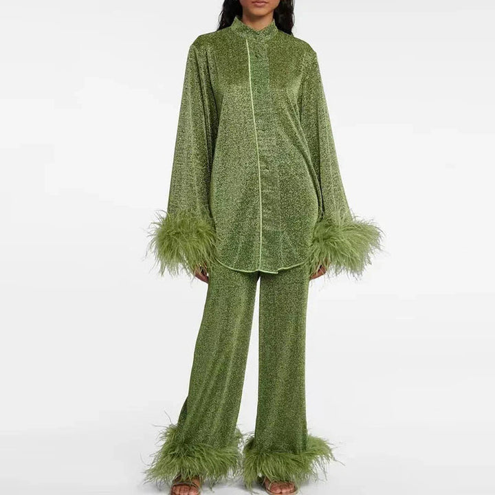 Women’s Luxe Glitter Set | Blouse & Wide-Leg Pants with Feather Trim