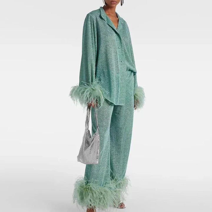 Women’s Luxe Glitter Set | Blouse & Wide-Leg Pants with Feather Trim