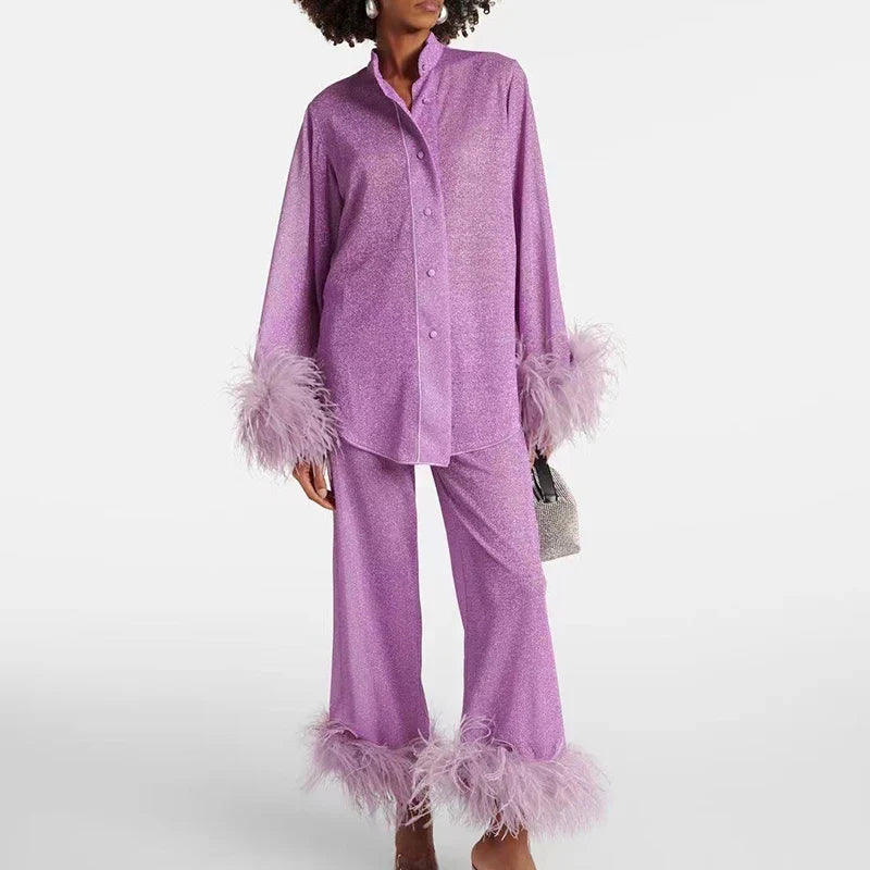 Women’s Luxe Glitter Set | Blouse & Wide-Leg Pants with Feather Trim