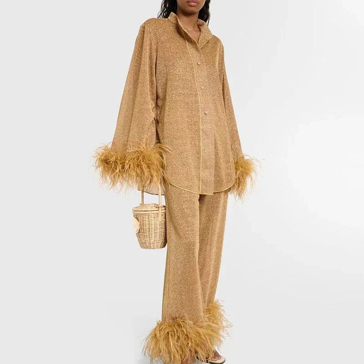 Women’s Luxe Glitter Set | Blouse & Wide-Leg Pants with Feather Trim