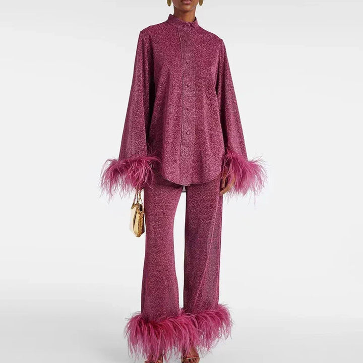 Women’s Luxe Glitter Set | Blouse & Wide-Leg Pants with Feather Trim