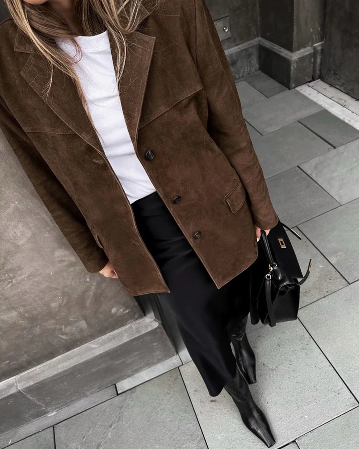 Women’s Retro Suede-Look Blazer with Lapels