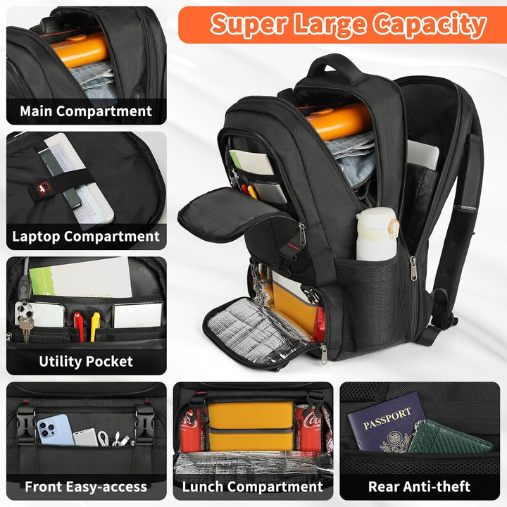 Extra Large Travel Backpack with Built-In Lunch Compartment & USB Charging Port