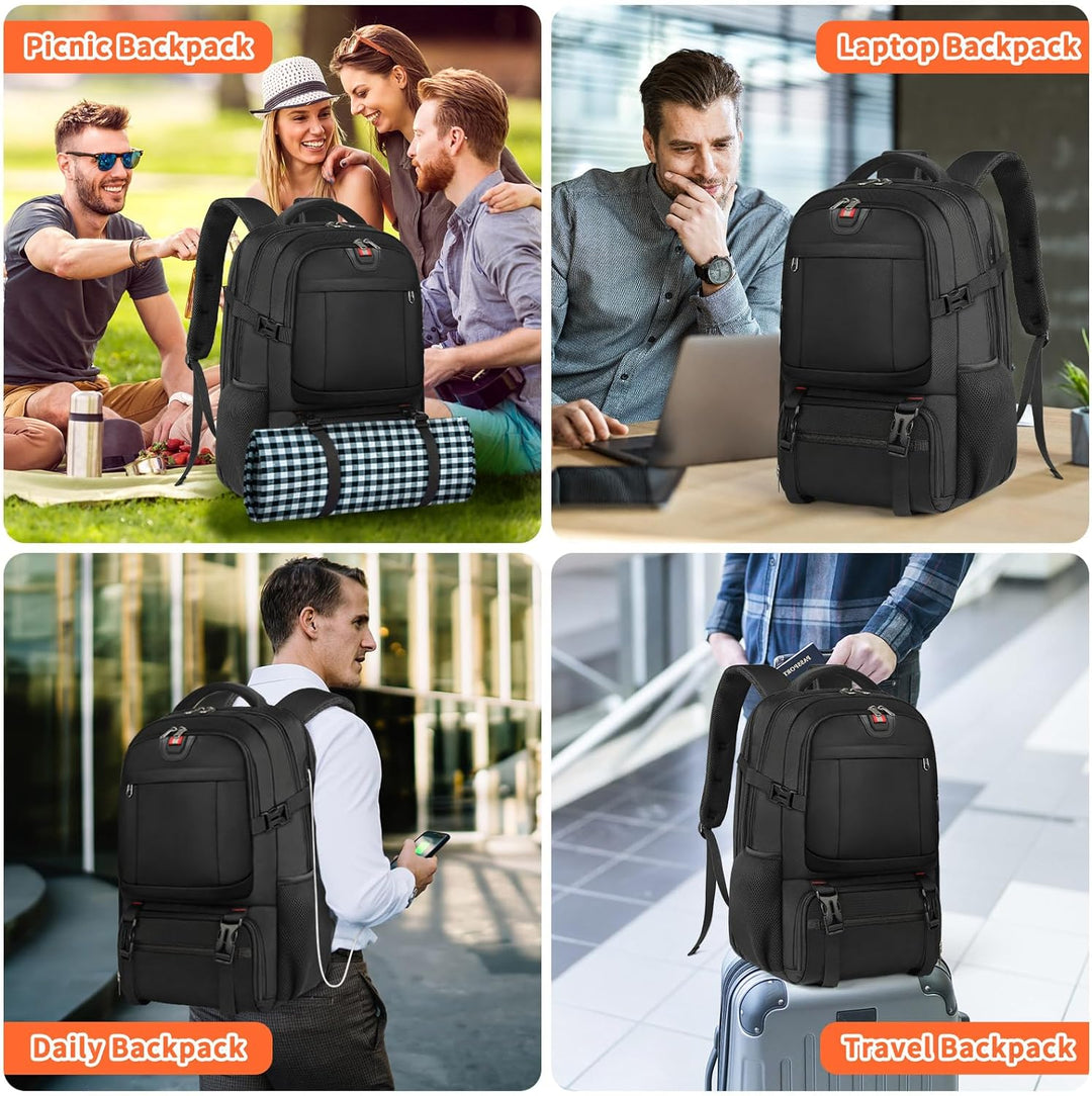 Extra Large Travel Backpack with Built-In Lunch Compartment & USB Charging Port