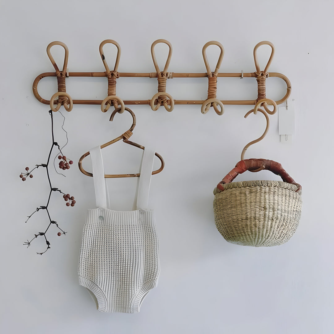 Handmade Boho Wall Rack – Rattan Coat Hook for Kids Room