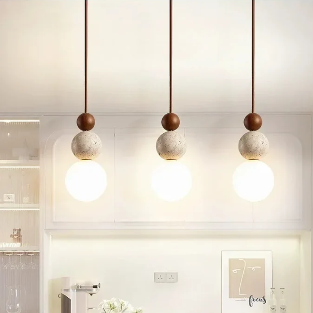 Modern Travertine and Mahogany Pendant Light