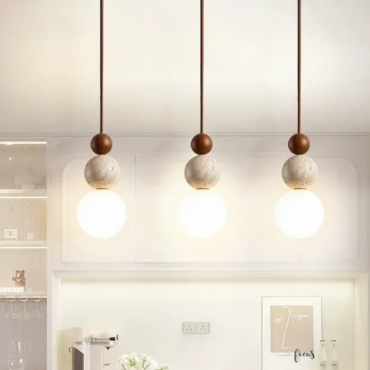Modern Travertine and Mahogany Pendant Light