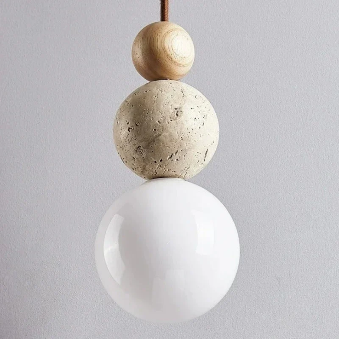 Modern Travertine and Mahogany Pendant Light