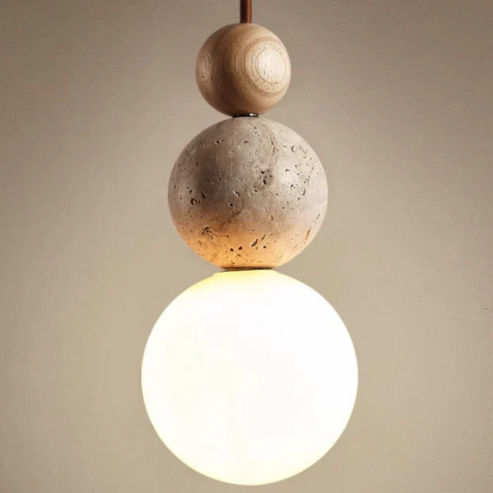 Modern Travertine and Mahogany Pendant Light