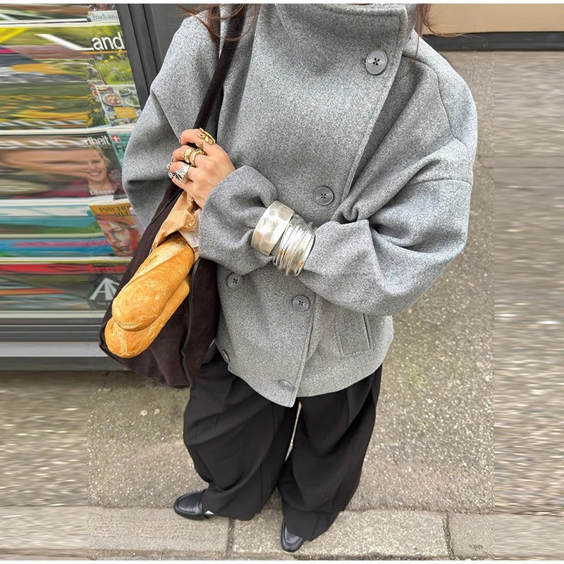 Women’s Warm Long Coat | High Collar & Double-Breasted Buttons