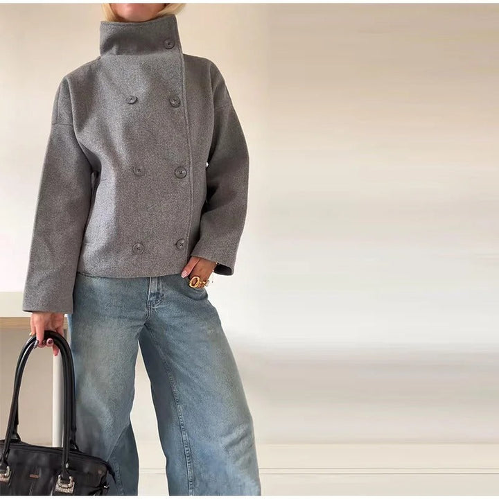 Women’s Warm Long Coat | High Collar & Double-Breasted Buttons