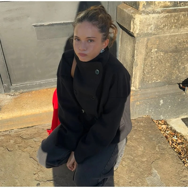 Women’s Warm Long Coat | High Collar & Double-Breasted Buttons