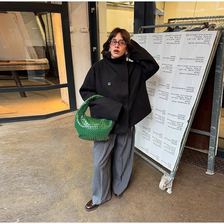 Women’s Warm Long Coat | High Collar & Double-Breasted Buttons