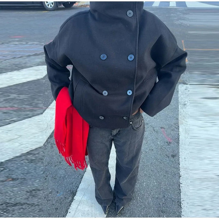 Women’s Warm Long Coat | High Collar & Double-Breasted Buttons